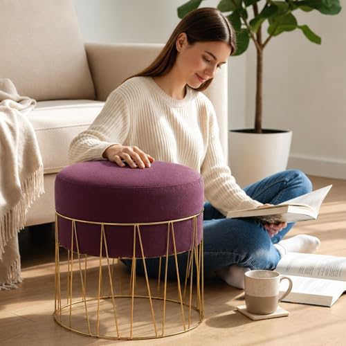 Image of Premium Set of 2 Gold Metal Ottoman Pouffe Stool & Footrest for Living Room & Bedroom | Wine Soft & Classy Mosha Fabric with Linear Frame | 18 inch Height | Luxury Multipurpose Furniture & Home Decor