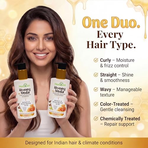Image of Herbishh Honey Shampoo and Conditioner Combo Pack of 2 (300ml + 300ml) - Sulfate Free Hair Care Set for Dry & Frizzy Hair, Moisture Restore Formula with Keratin, Amla, Reetha & Licorice Extracts