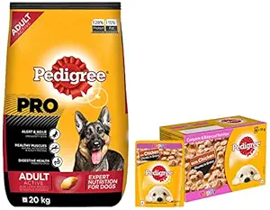 Pedigree PRO Expert Nutrition Active Adult Large Breed Dog (18 Months Onwards) Dry Pellet Dog Food, Chicken, 20kg Pack & Pedigree Puppy Dog Food, Chicken Chunks in Gravy, 70 g (Pack of 15)