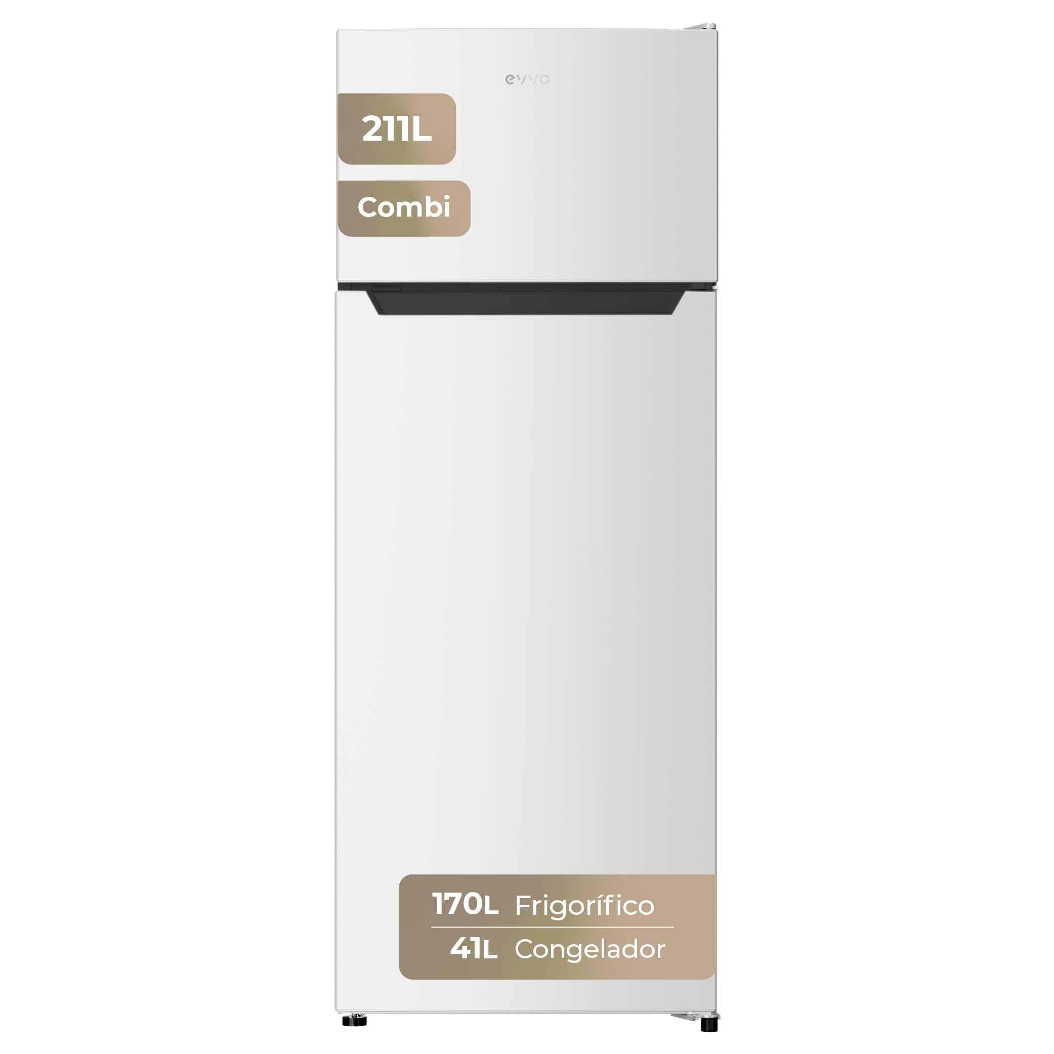 EVVO Frigorífico 2 Puertas F40, 211 L (170 L + 41 L), 142,8 cm, Clase E, 41 dB, Congelador 4 Estrellas, Baldas Cristal, Bajo Consumo, Blanco