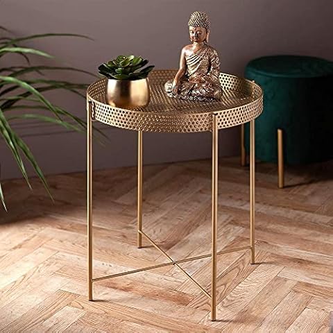 Round Side Table Gold End Table, Metal Tray Snack Table Coffee Tea Table Nightstand Sofa Table for Living Room Bedroom Balcony Patio, Living Room Furniture Display Unit For Home Decor (43x43x47cm) Cover