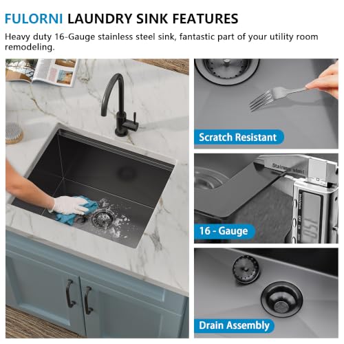 Image of 21 inchx18 inch Undermount Black Laundry Utility Sink Workstation | Gunmetal Black NANO-PVD 16 Gauge T304 Stainless Steel 12 Inch Deep Single Bowl Sink Basin for Laundry Room RV Utility Use