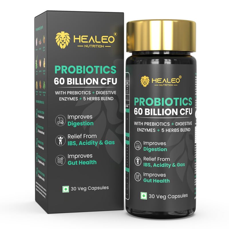 Image of Healeo Probiotics 60 Billion CFU, 4-in-1 with Prebiotic + Digestive Enzymes + 5 Herbs - Probiotics for Gut Health & Digestion - Supplement For Men & Women - Lab Tested - 30 Veg Capsules