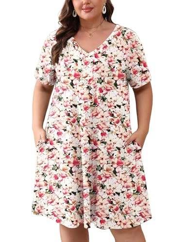 Image of AusLook Plus Size Midi Dress for Women Loose V Neck Short Sleeve Summer Casual A Line T Shirt Sundresses with Pockets 1X-5X