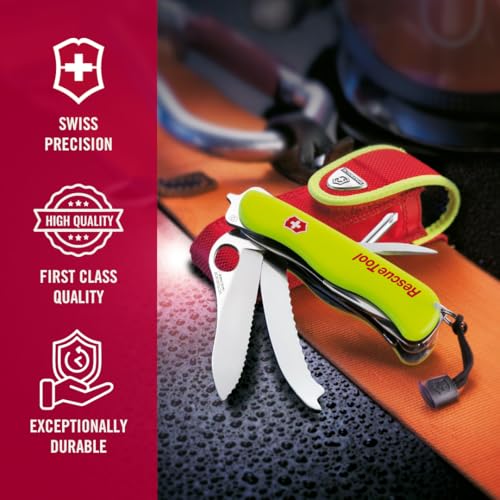 Victorinox Schweizer Taschenmesser Rescue Tool MW, Rettungsmesser Feuerwehr, 13 Funktionen, Klinge Wellenschliff, Einhand-Feststellklinge