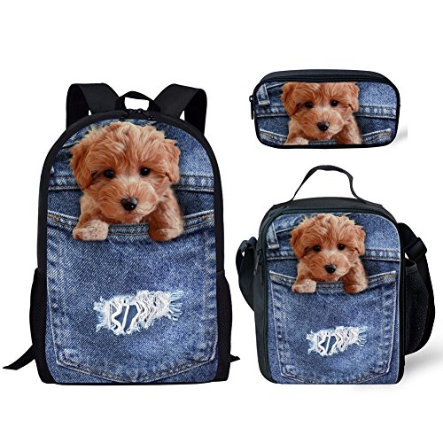 Set di 3 zaini per la scuola con dinosauri grande borsa a tracolla con portabottiglie portapranzo astuccio per matite Cane Taglia unica Zaini Daypack