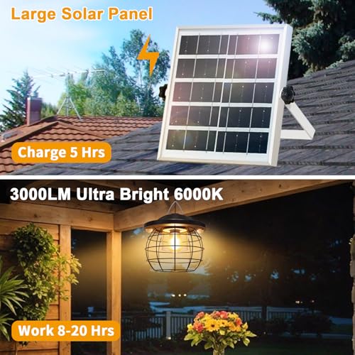 ladate Shed Lighs Solar Powered 3000LM Solar Pendant Light Outdoor, Gazebo Lantern with 2 Motion Sensor Retro Style Metal Frame Solar Lamp with Remote for Canopy Garden Patio Umbrella, 3 Color Temps — view 2