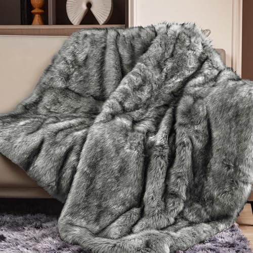 Touchat Luxury 1000GSM Faux Fur Throw Blanket, Super Heavy Thick Warm Cozy Blankets for Couch Bed Sofa, Plush Fuzzy Elegant Soft Reversible Mink Blanket for Living Room Bedroom, Twin Size, Grey&White