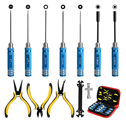 12Pcs RC Car Tools Kits Screwdriver Set (Hex, Phillips, Flat) Pliers Socket Wrench Hobby Tools Kits for Traxxas Arrma RC Car Drone Airplane Helicopter...