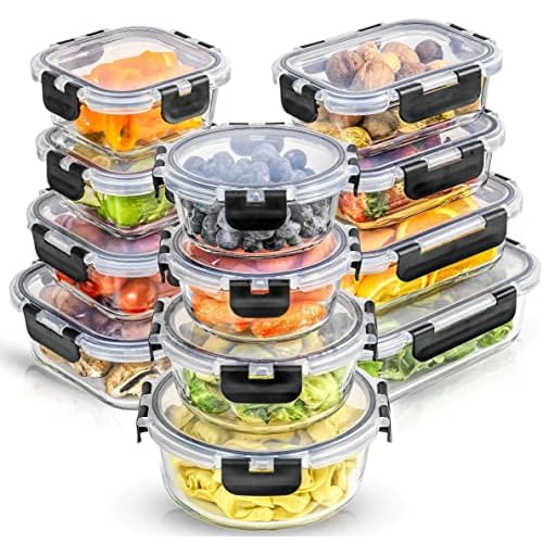 JoyJolt JoyFul 24pc(12 Airtight, Freezer Safe Food Storage Containers and 12 Lids), Pantry Kitchen Storage Containers, Glass Meal Prep Container for Lunch, Glass Storage Containers with Lids