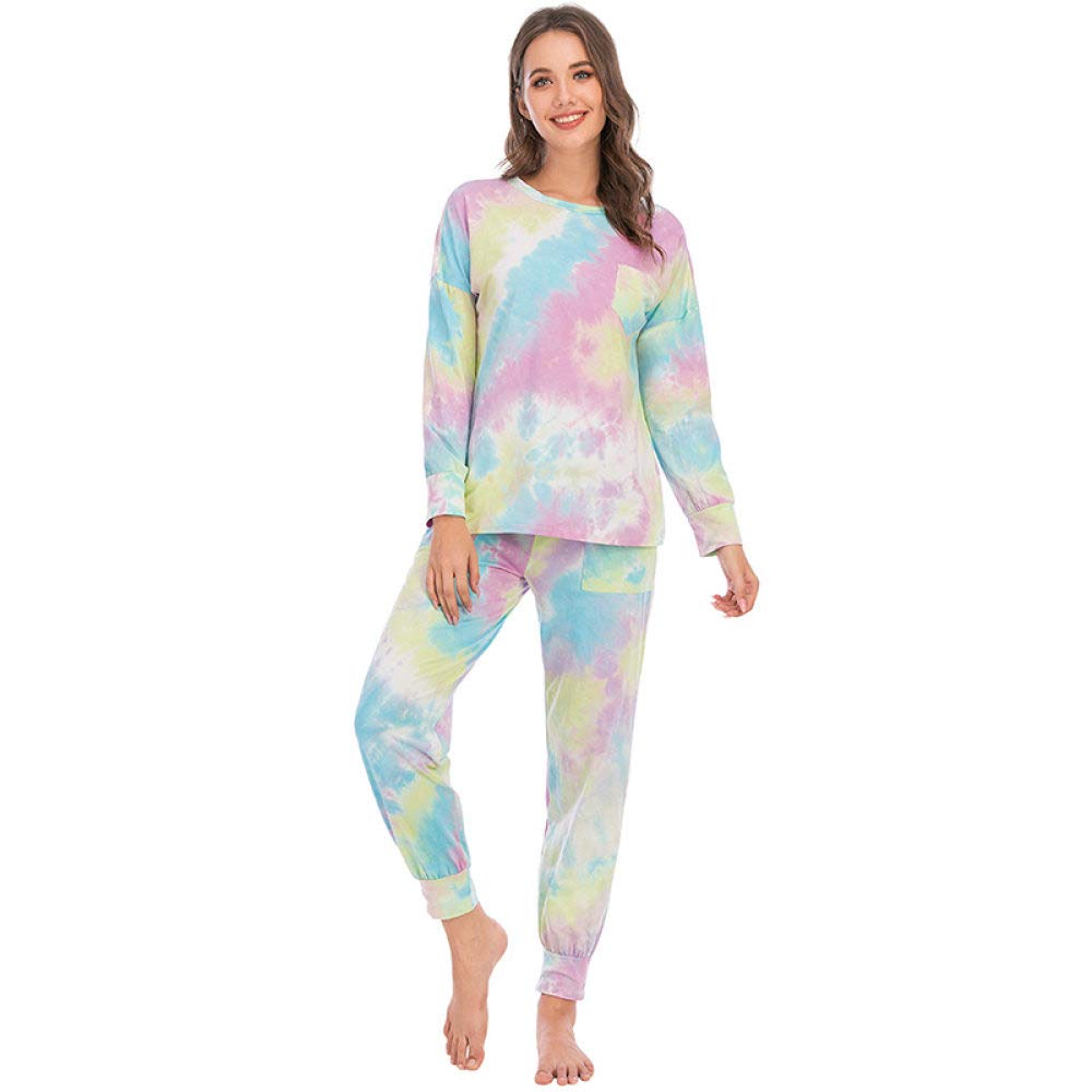 Schlafanzug,Damen-Pyjama-Sets Grün-Rosa Baumwolle Rundhals Batik Elastischer Bund Mit Tasche Kuschelig Warm Langarm Pjs Top & Unterteil Set Loungewear Nachtwäsche Weiche Faultier Nachtwäsche