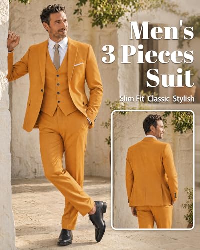 Image of MY'S Men's 3 Piece Suit Set with Tie, One Button Slim Fit Solid Jacket Vest Pants, Prom Party Wedding Business Suits for Men