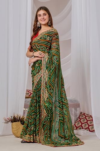 Image of Women's Georgette Bandhani Printed Embroidery Saree with Unstitched Blouse Piece