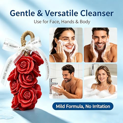 Image of Rose Soap on Rope Cute Shaped Handwashing Grapes Soap Bar, Novelty Hanging Flower Soap for Bathroom Decor,Fun Gift Handmade Soap