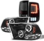 AKKON - For 2009-2018 Dodge Ram Dual Halo LED DRL Projector Black Housing Headlights + LED Smoke Lens Tail Lights