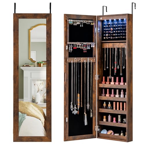 Giantex Jewelry Cabinet, Wall or Door Mounted Jewelry Armoire w/Full-Length Mirror & LED Lights, Over the Door Hanging Jewelry Storage Organizer for Bedroom, Closet (Rustic brown)