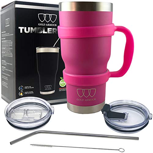 Gold Armour 30 oz Tumbler - 6 Piece Stainless Steel Insulated Water & Coffee Cup Tumbler with Straw, 2 Lids, Handle, Straw - 18/8 Double Vacuum Insulated Travel Flask (Pink)