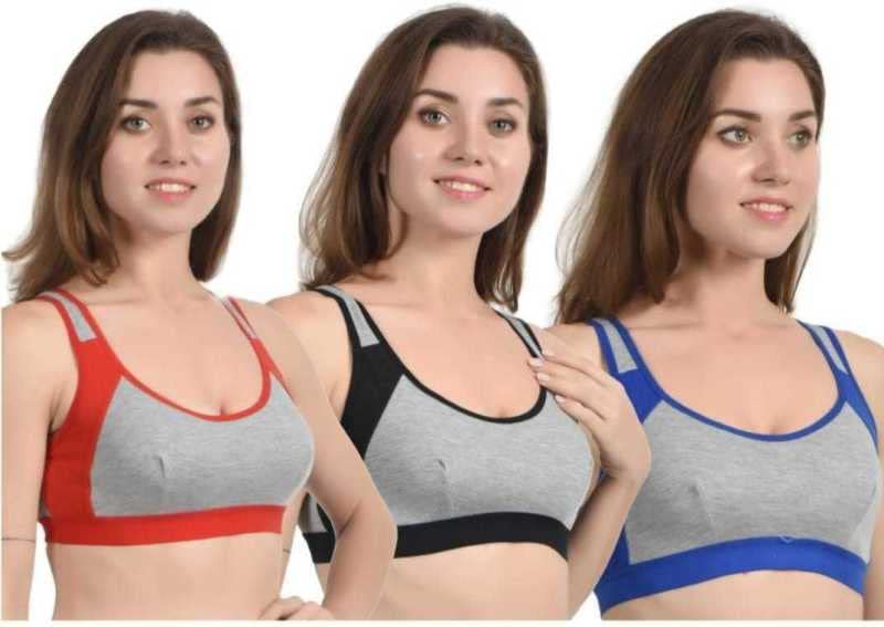Women Sports Bra Non Padded Cotton Full Coverage Bra for Gym, Workout,Yoga Antimicrobial & Anti Bacterial Slip On Stretch Sporta Bra for Women (Pack of 3) Multicolour
