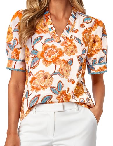 GRACE KARIN Women Boho Floral Tops Summer Puff Short Sleeve Dressy Casual Shirts 2026 Spring V Neck Vacation Work Blouse Orange White M