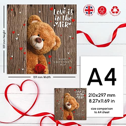 The Heritage Press Valentine's Day Card 'Love is in the Air'- Cute Valentine Card with Teddy Bear - Printed with Vegetable Inks, Made in UK