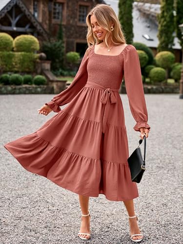 Image of Simplee Womens Long Sleeve Maxi Dress Casual Square Neck Smocked Flowy Fall Wedding Guest Dresses