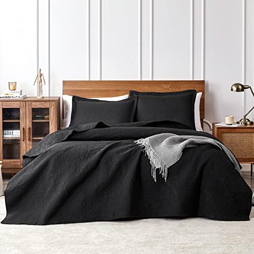EHEYCIGA Queen Quilt Set Black Bedspread Coverlet 3 Piece Summer Lightweight Reversible Damask Quilt Bedspread with 2 Pillow Shams, Machine Washable Comforter Bedding Cover Sets, 90x96 Inch