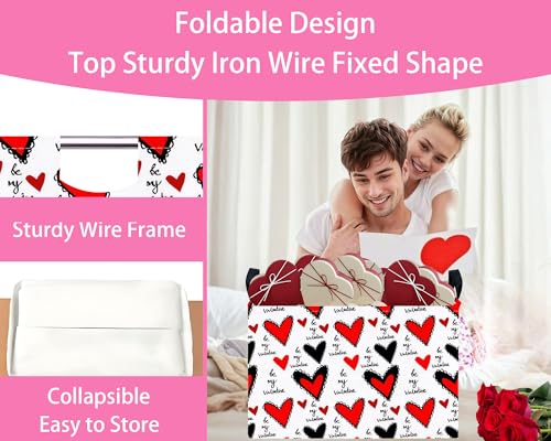 Image of Valentines Day Basket for Kids Heart Shaped Empty Storage Bins for Gifts with Handles Room Decor (Black Lace Red Love)