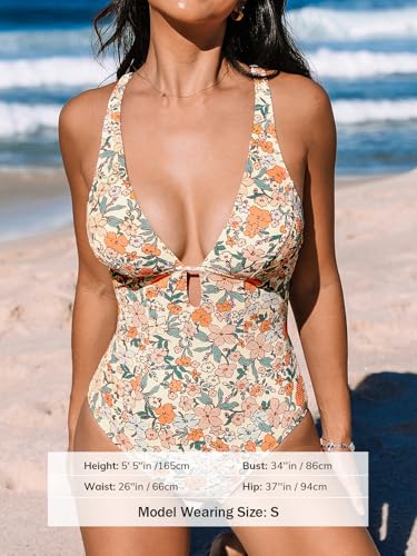 Image of CUPSHE Women's One Piece Swimsuit Deep V Neck Keyhole Cutout O Ring Textured Bathing Suit