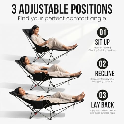 Image of ORILEY Compact Folding Chair with Heavy Duty Metal Frame 3 Adjustable Positions Portable Lightweight Foldable Seat for Outdoor Camping Hiking Fishing Garden Beach Picnic Travelling (Pack of 1, Black)