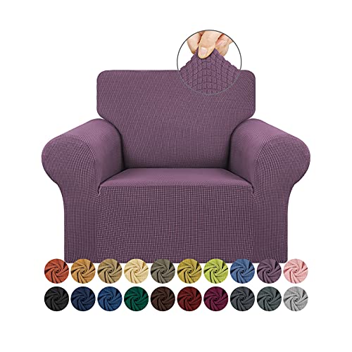 KEKUOU Stretch Single Sofa Slipcover 1 Piece Couch Sofa Cover (31"-55") Furniture Protector 1 Seater Sofa with Elastic Bottom for Kids,Pet.Jacquard Small Checked Pattern Fabric(Small,Dark Purple)