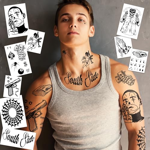 Gangster Temporary Tattoos - 9 pack - Easy Halloween Costume - Cholo Costume - Prisoner Costume -...