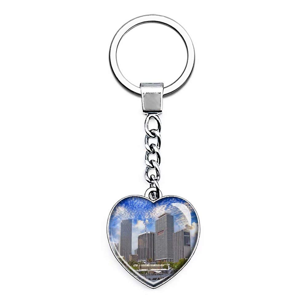 "N/A" USA America Bayside Marketplace Miami Keychain Unique Creativity Tourism Souvenir Gift Heart-Shaped Stainless Steel Crystal Chain