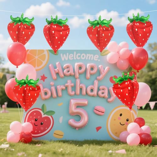 Image of Deermoon 4D Jumbo Red Tropical Strawberry Balloon, Spring Summer Berry Sweet Fruit Cartoon Strawberry Balloons For Baby Shower Wedding Gender Reveal Birthday Party Decor Supplies
