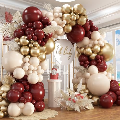 Image of Burgundy Balloon Garland Arch Kit,412Pcs Burgundy and Sand White Metallic Gold Balloons for Wedding Bridal Shower Birthday Wine Anniversary Engagement Party Graduation Decorations