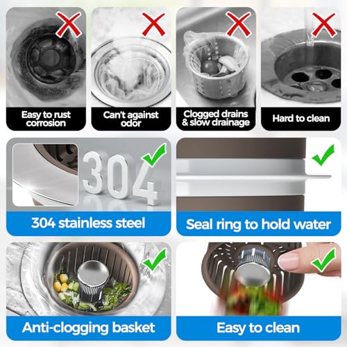 Upgraded 3in1 Kitchen Sink Drain Strainer & Sink Stopper, Stainless Steel Kitchen Drain Plug & Cover with Anti-Clogging Basket Strainer, Fit US Standard 3-1/2'' Sink Drain Hole, Brown