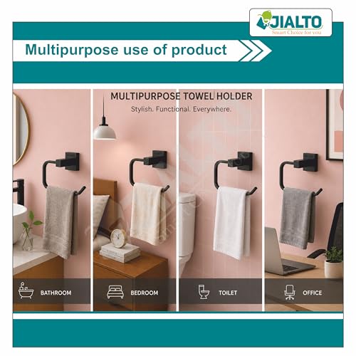 Image of JIALTO Premium Matte Black Finish Towel Ring - Wall Mounted, Rust-Free, Stainless Steel Towel Holder for Bathroom & Kitchen (Matte Black, Pack of 1)