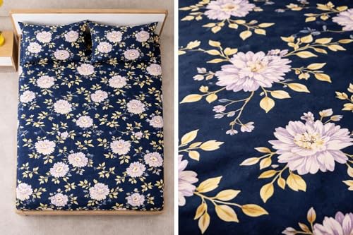 Image of 300 TC Cotton Feel Glace Cotton Elastic Fitted Bedsheet for King Size Double Bed | Fits up to 8 Inch Mattress | Printed Bedsheet with 2 Pillow Covers (Black, Double Size - 72 inchx72 inch)