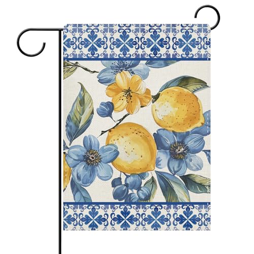 Dyrenson Italian Capri Blue Lemon Floral Decorative Garden Flag, Amalfi Coast Citrus Flower Italy Tile Pattern Yard Outside Home Decoration, Summer Mediterranean Outdoor Small Decor Double Sided 12x18