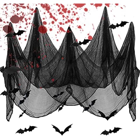 BOJLY Halloween Decorative Fabric 5 x 2.15 m, Halloween Scary Decorative Fabric with 44 3D Bats for Halloween Haunted Home Doors Halls Shower Curtains Decks Window Party Decoration Cover