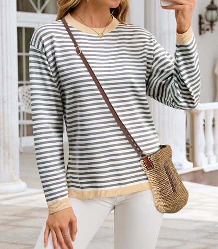 Womens 2024 Striped Long Sleeve Sweaters Fall Crewneck Color Block Shirts Knited Pullover Tops Side Split3