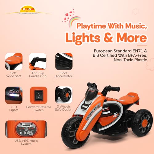 Image of Toyzone Moto Electric Bike (Orange) | 6V Rechargeable Bike with 4.5Ah Battery | LED Lights, Built in Music | Smooth Acceleration | 6M Battery Warranty | Age 2-8 Years, Upto 35 kg