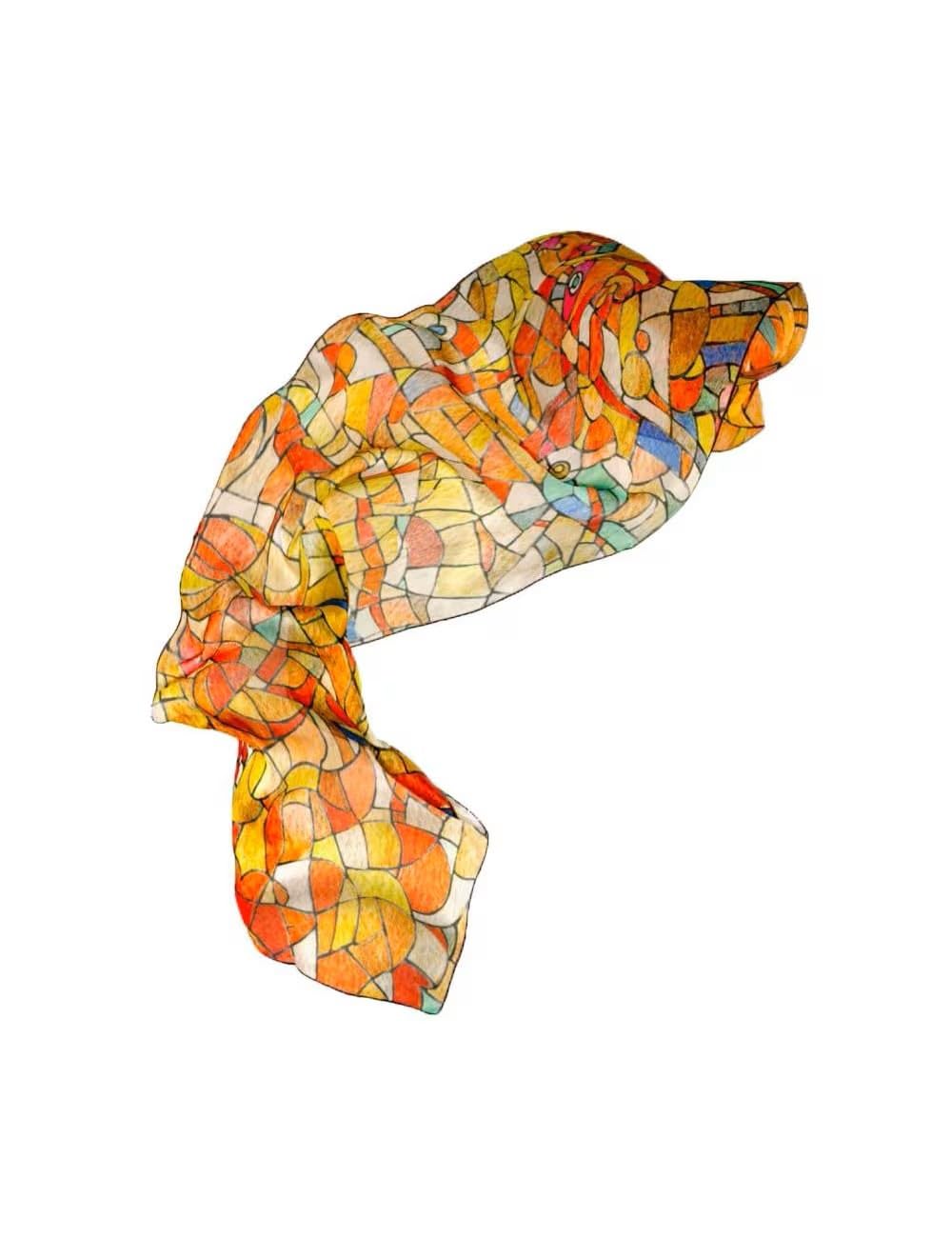 Roter Seidenschal mit Mosaikdruck für Herren, ein Design, inspiriert vom Buntglaslicht der Sagrada Familia in Barcelona