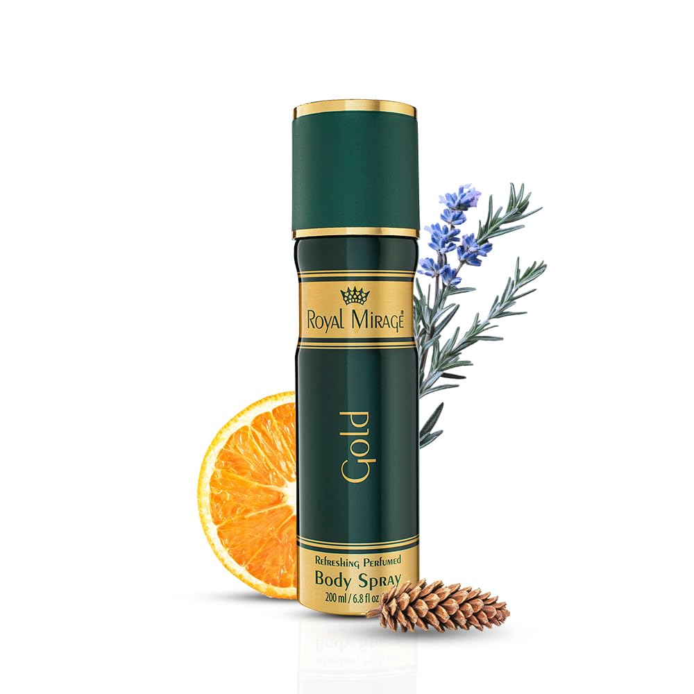 Royal Mirage Gold Body Spray | Long-Lasting Fragrance | Citrus, Spicy & Woody Notes | Affordable Luxury | Elegant & Sophisticated Scent | Unisex Body Spray | Gift for Men and Women | 200ml