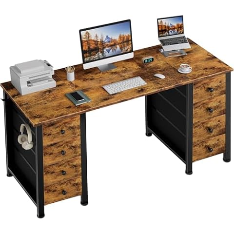 Home Office Desk with Drawers for Storage - 55 inch Computer Desk with 8 Fabric Drawers, Writing Study Work Desk with Drawers on Both Sides for Bedroom Cover