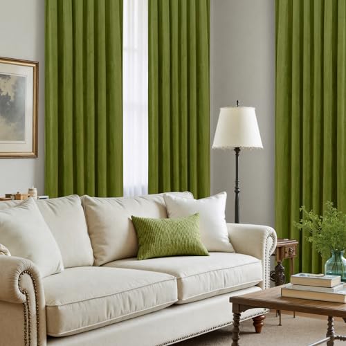 LAMIT Moss Green Velvet Curtains for Living Room 102 Inch Length, Vintage Thermal Insulated Room Darkening Drapes Super Soft Back Tab and Rod Pocket Panels for Bedroom, 2 Panels, 52 x 102 Inch
