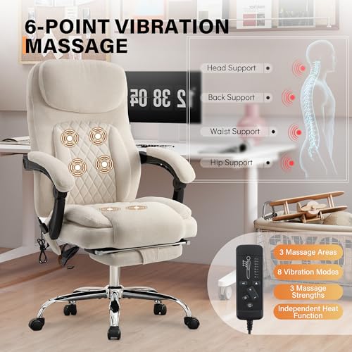 Image of 500LBS Massage Office Chair, 6 Points Vibration & Heat Executive Office Chairs, 135Reclining Comfy Desk Chair with Foot Rest, Wider & Thicker Seat Cushion, Fabric Big and Tall Gaming Chair, Beige