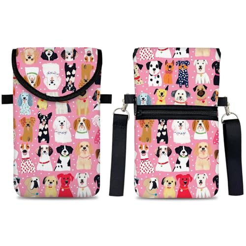 Image of Neoprene Cell Phone Sleeve Pouch Case Bag with Crossbody Strap Neck Lanyard for Women 7.5 X 4.3 in Pink Dog