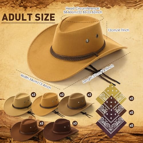 Image of Coume 15 Set Western Cowboy Hat Costume Accessories Paisley Bandanna Cowgirl Hats Bulk for Adult Women Men Dress Party