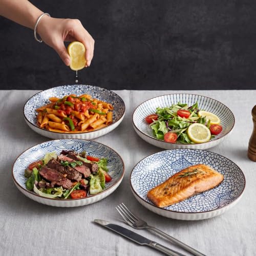 Image of Japanese Style 8-Inch Ceramic Round Dinner Plate - Microwave & Dishwasher Safe, 20.4x4.3cm Porcelain Dish for Seafood, Appetizers & Snacks, Waves (4 Piece)