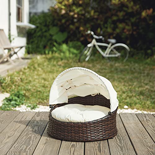 Teamson Pets Clotho Drinnen Draussen Rattan Katzen Oder Hunde Bett Liege mit Einziehbarem Baldachin und Abnehmbarem Waschbarem Kissen Braun/Creme ST-N10004-UK